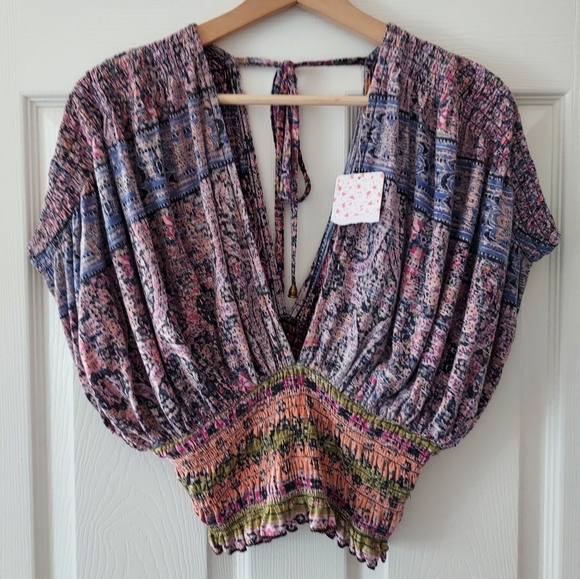 Free People Tops - NWT Free People Smocked Hem Cropped Next Vacation Top Shirt Size Medium